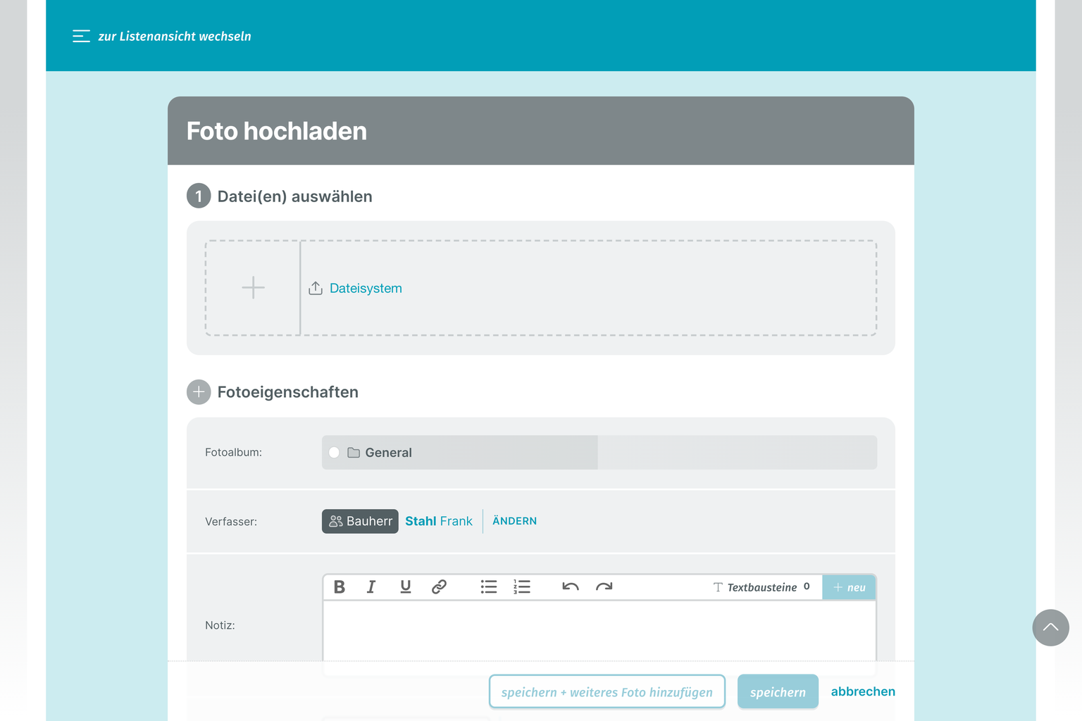 PLANFRED Screenshot – Neues Foto in FotoDok hochladen