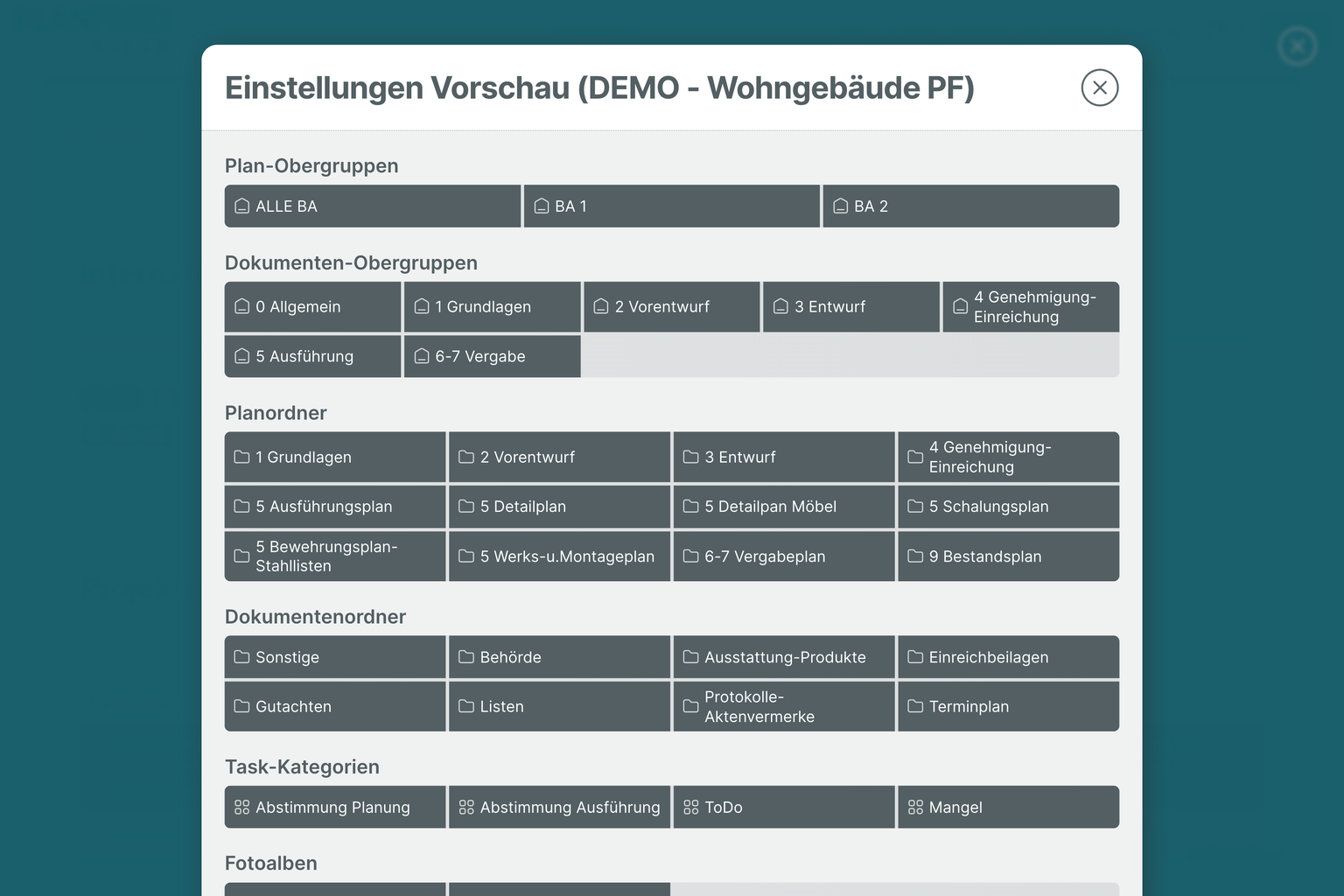 PLANFRED-Screenshot – Projekteinstellungen übernehmen (Vorschau)