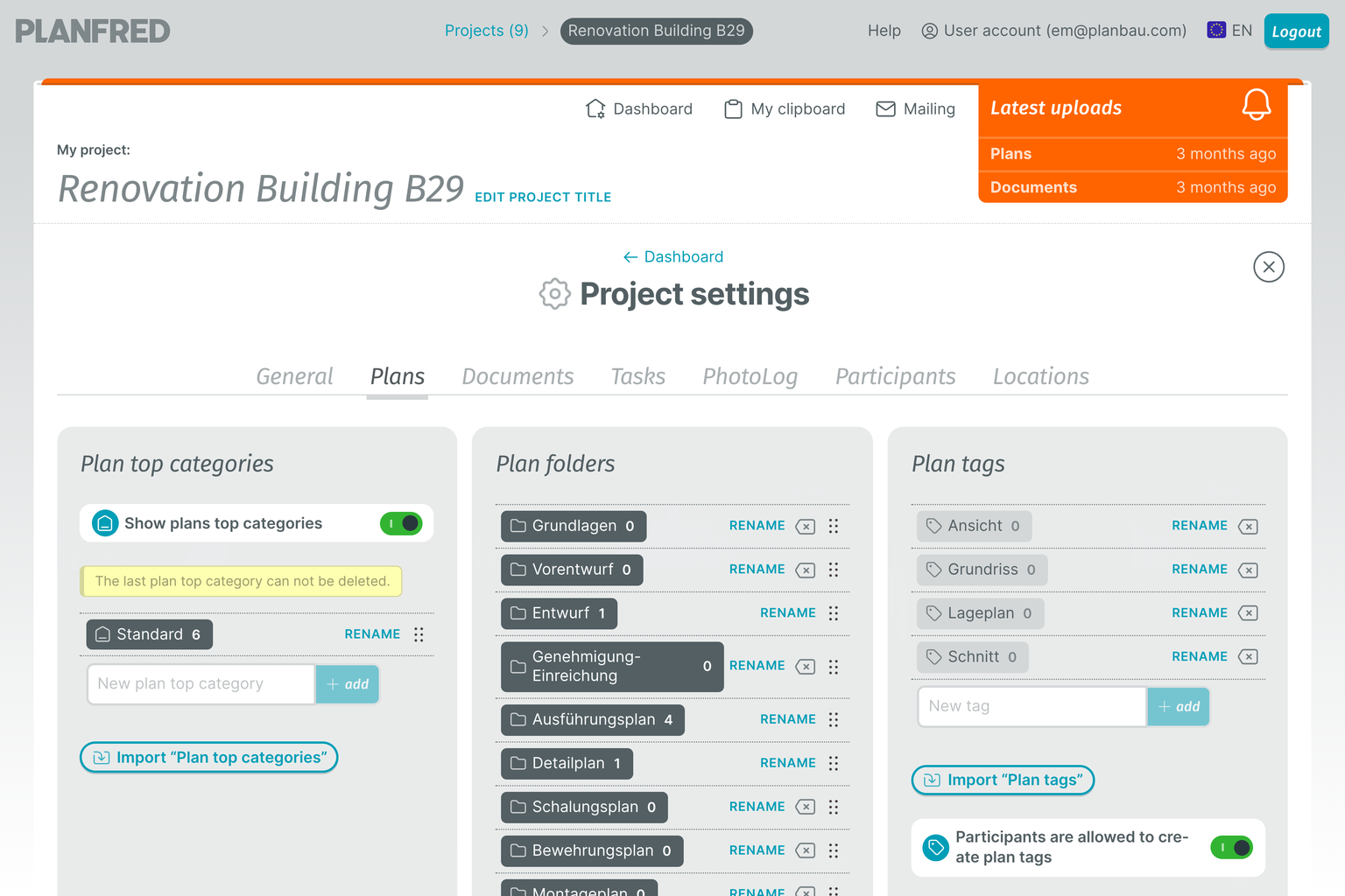 PLANFRED Screenshot – Plan settings