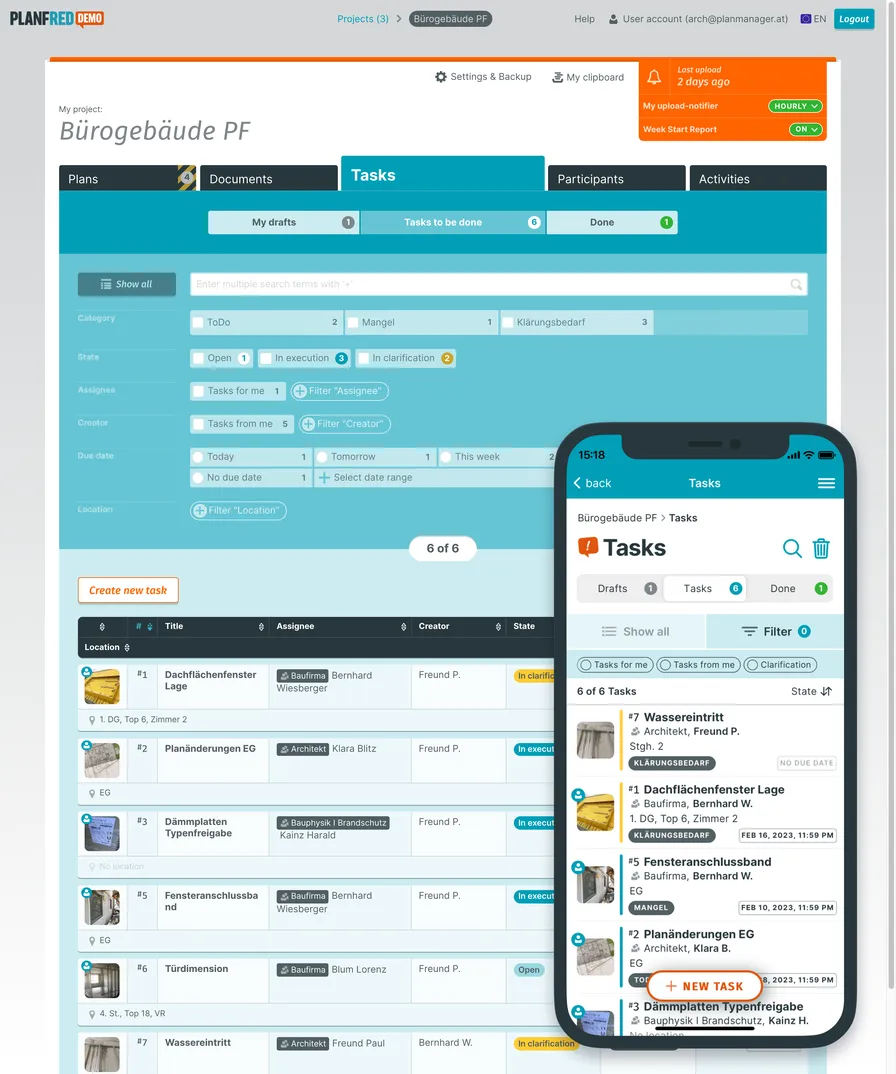 PLANFRED webapp – tasks list