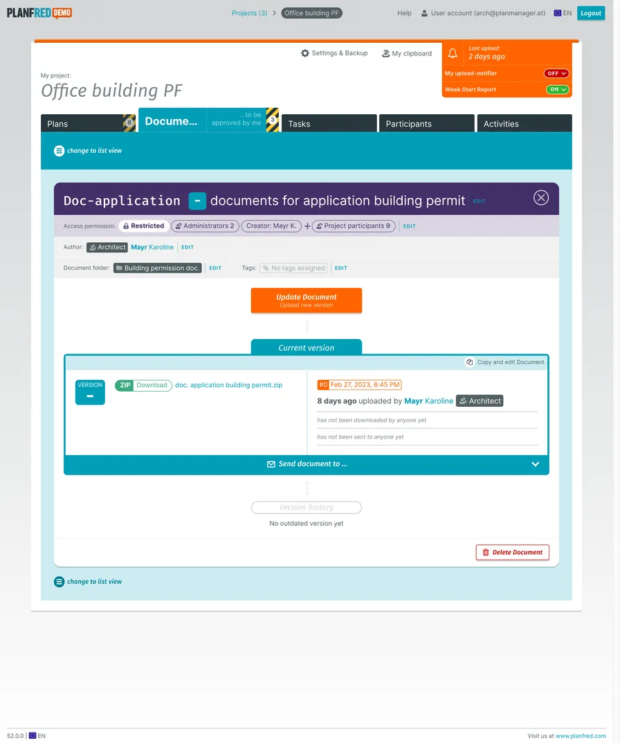 PLANFRED webapp – document detail