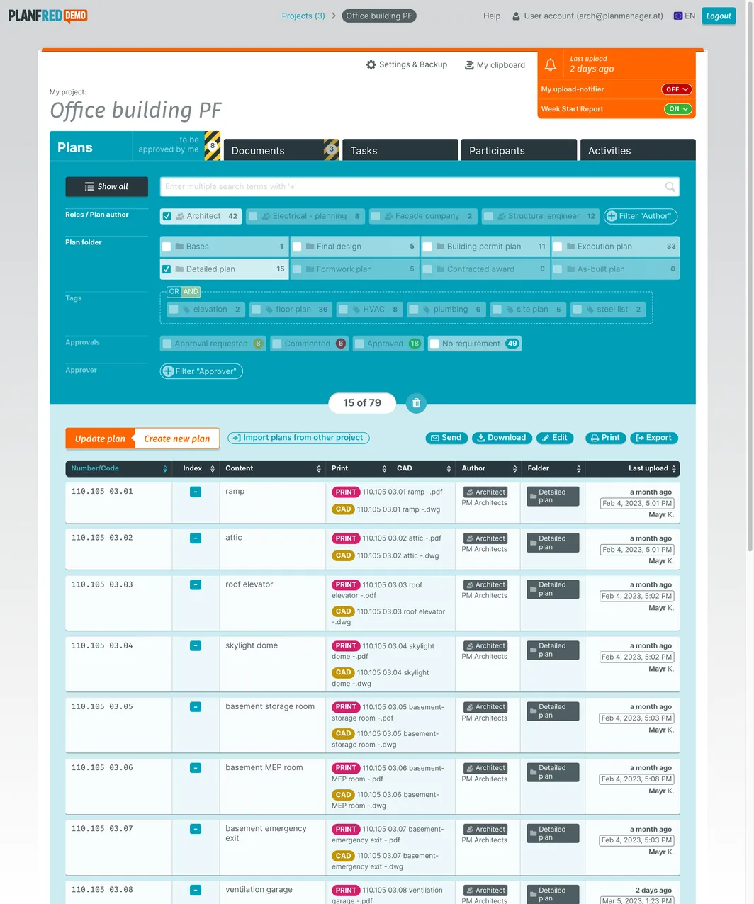 PLANFRED webapp – plans list
