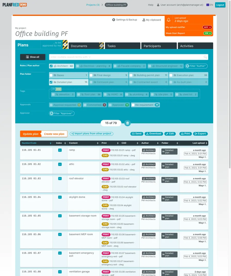 PLANFRED webapp – plans list