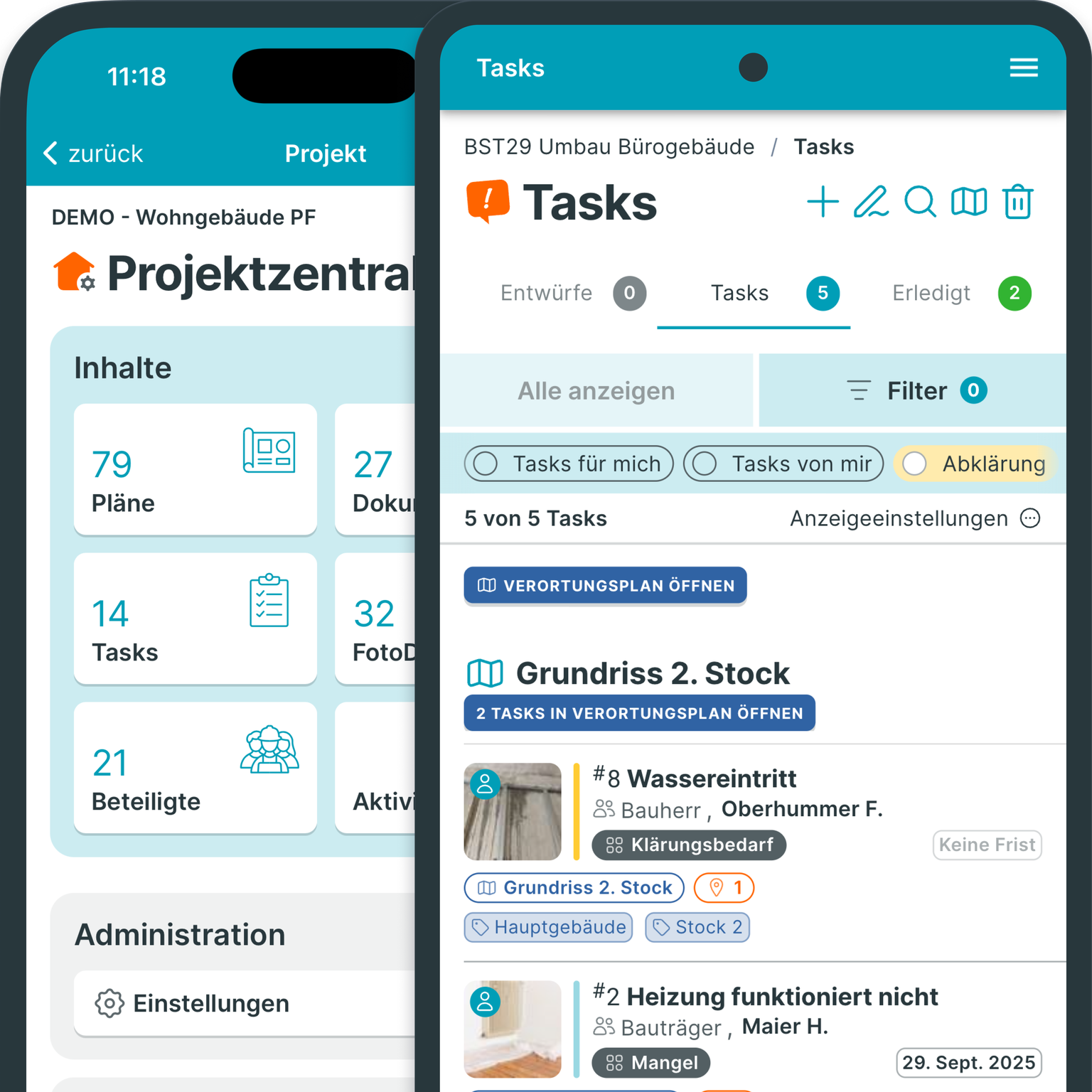 PLANFRED Mobile (iOS & Android) – Projektzentrale und Tasks