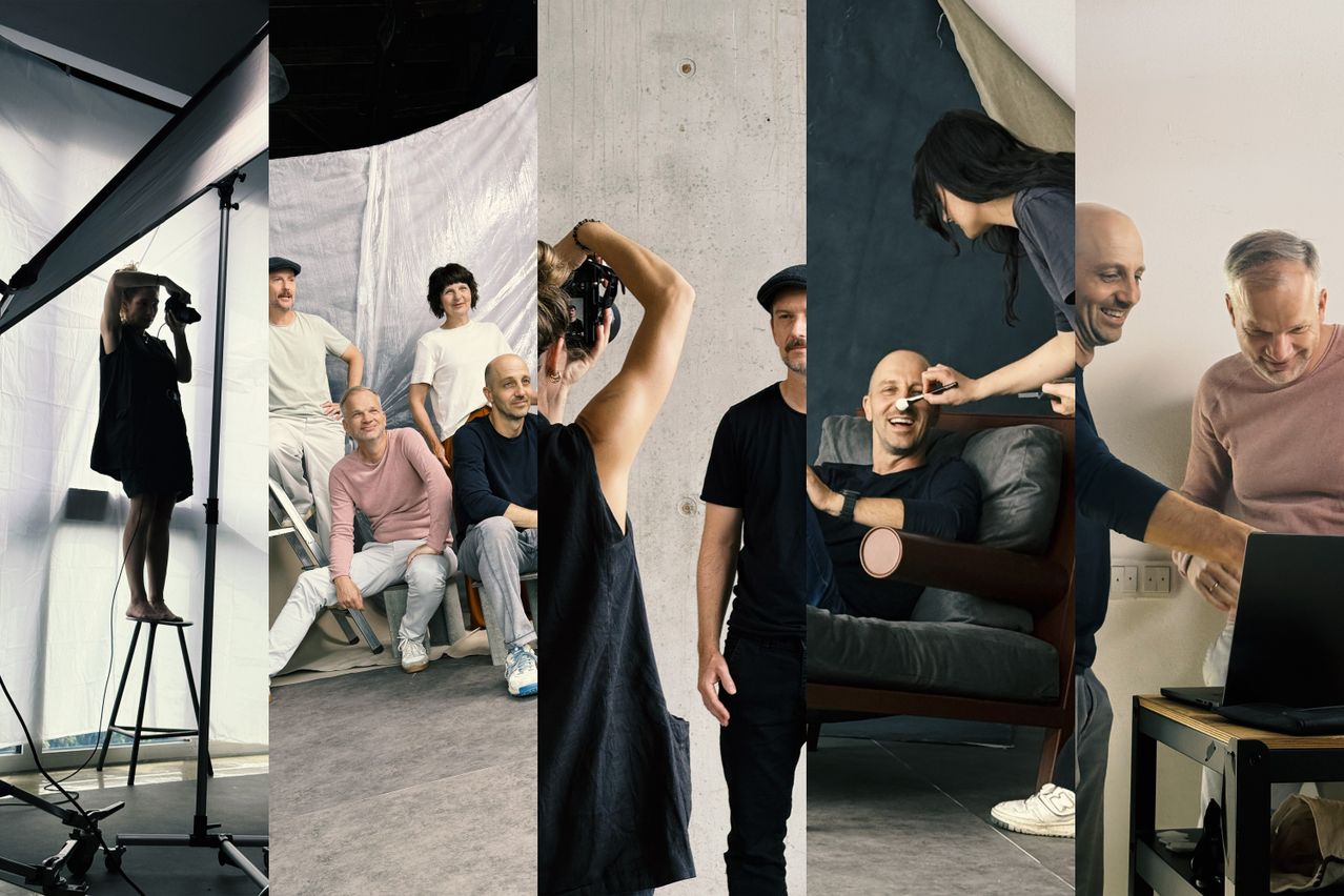 Fotoshooting-Collage: Fotografin bei der Arbeit, das PLANFRED-Team vor hellem Hintergrund, Make-up und Bildauswahl am Laptop