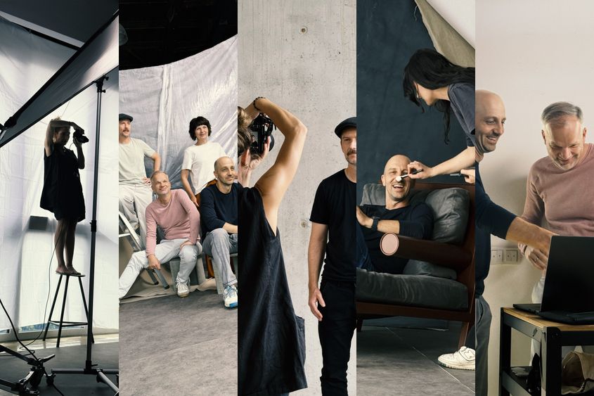 Fotoshooting-Collage: Fotografin bei der Arbeit, das PLANFRED-Team vor hellem Hintergrund, Make-up und Bildauswahl am Laptop