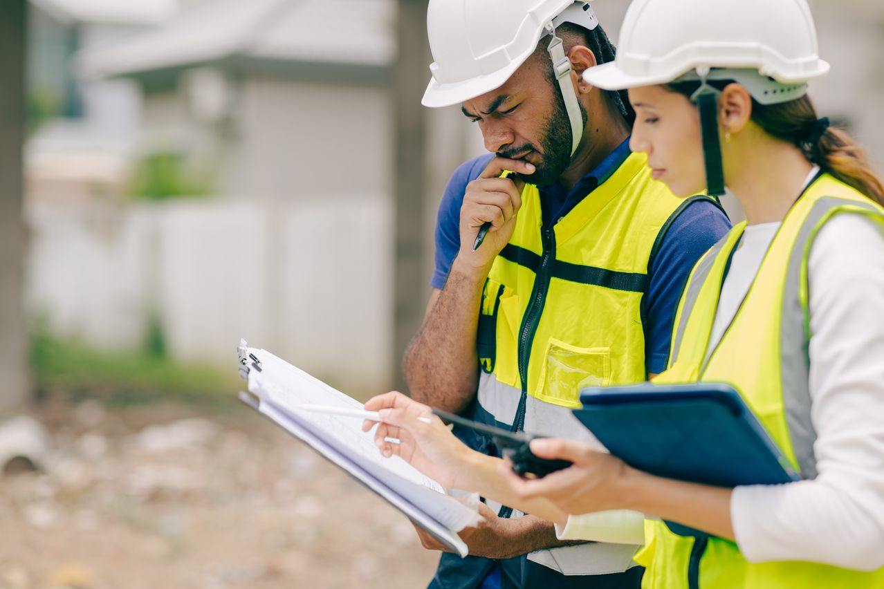 Unsicherheit auf der Baustelle: Projektbeteiligte prüfen Unterlagen und fragen sich, ob das wirklich der aktuelle Planstand ist.
