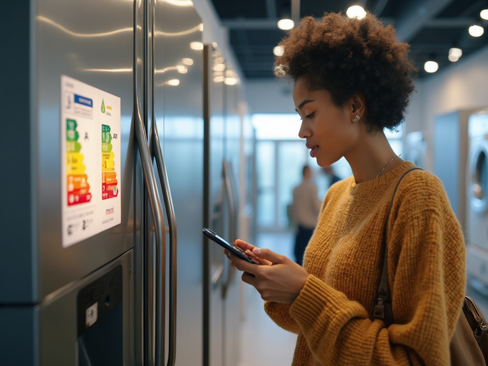Woman in a yellow sweater uses her phone while standing near a refrigerator in an appliance store. Energy labels are visible on the fridge.