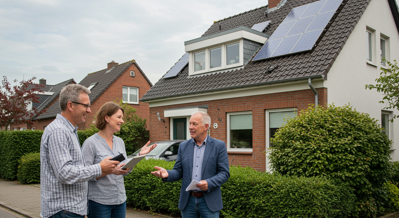 Ein Mann im Anzug redet mit einem Ehepaar vor ihrem Haus mit PV-Anlage