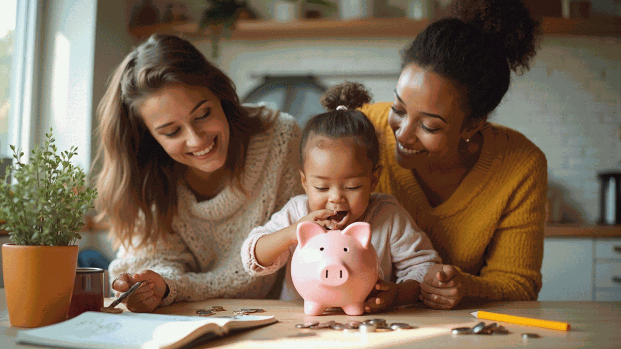 Two women and a child smiling, placing coins into a pink piggy bank on a kitchen table, with plants and a notebook nearby.