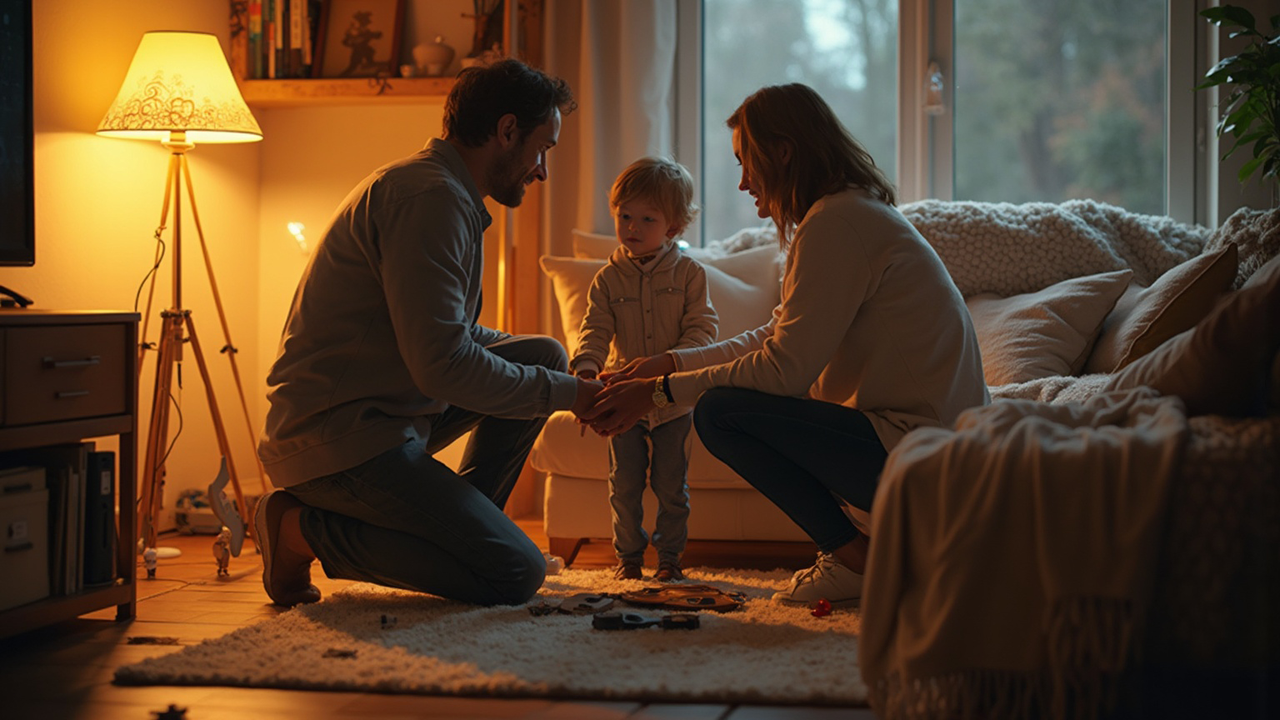 A family of three, two adults and a child, kneel on the floor in a cozy living room, warmly lit by a lamp, surrounded by toys.