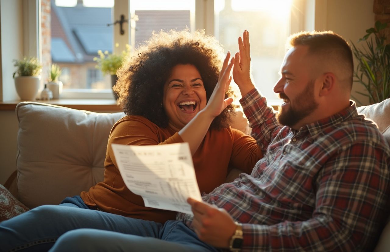 Mann und Frau sitzen im Wohnzimmer und freuen sich über niedrige Stromrechnung