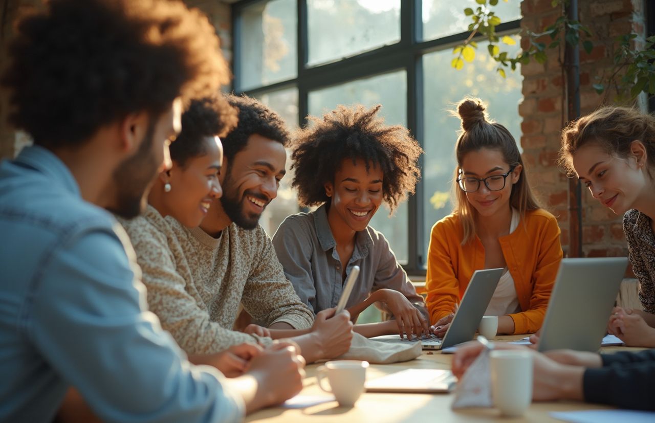 A diverse group of people smiling and collaborating around a table with laptops and notebooks in a sunlit room with large windows.