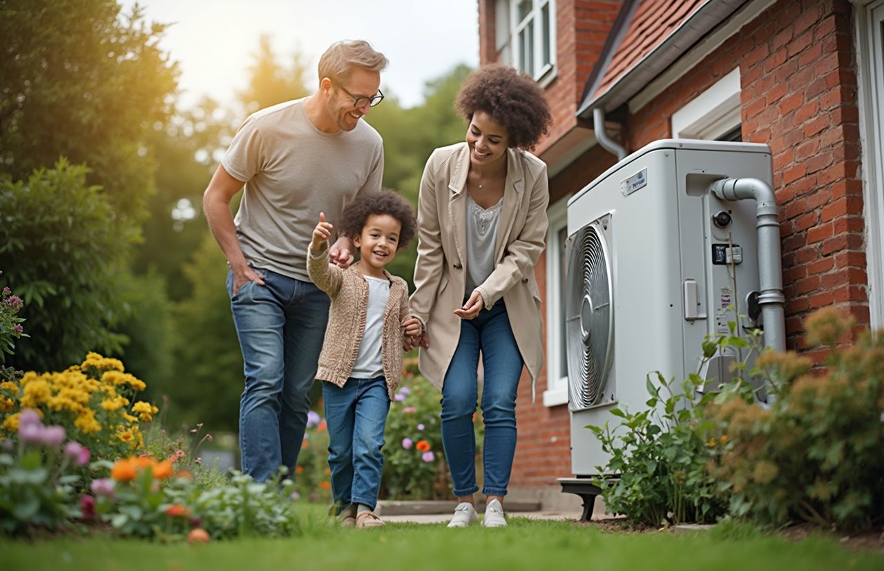 A smiling family of three walks hand-in-hand in a garden beside a brick house with an air conditioning unit.