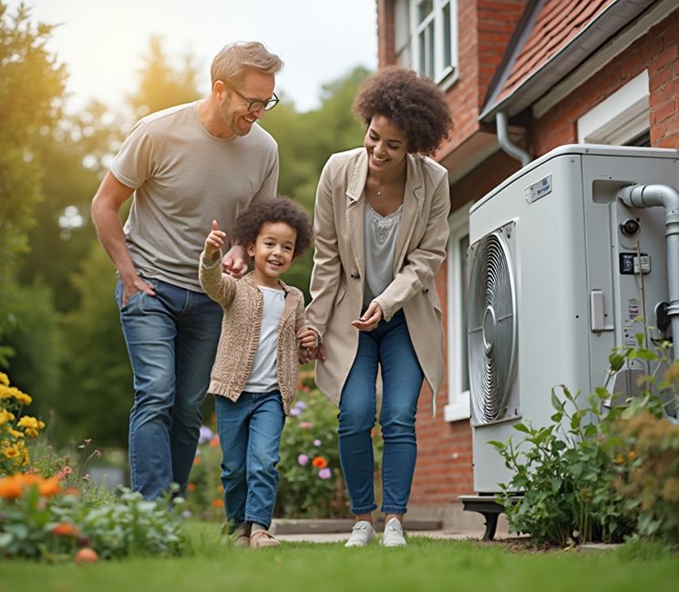 A smiling family of three walks hand-in-hand in a garden beside a brick house with an air conditioning unit.