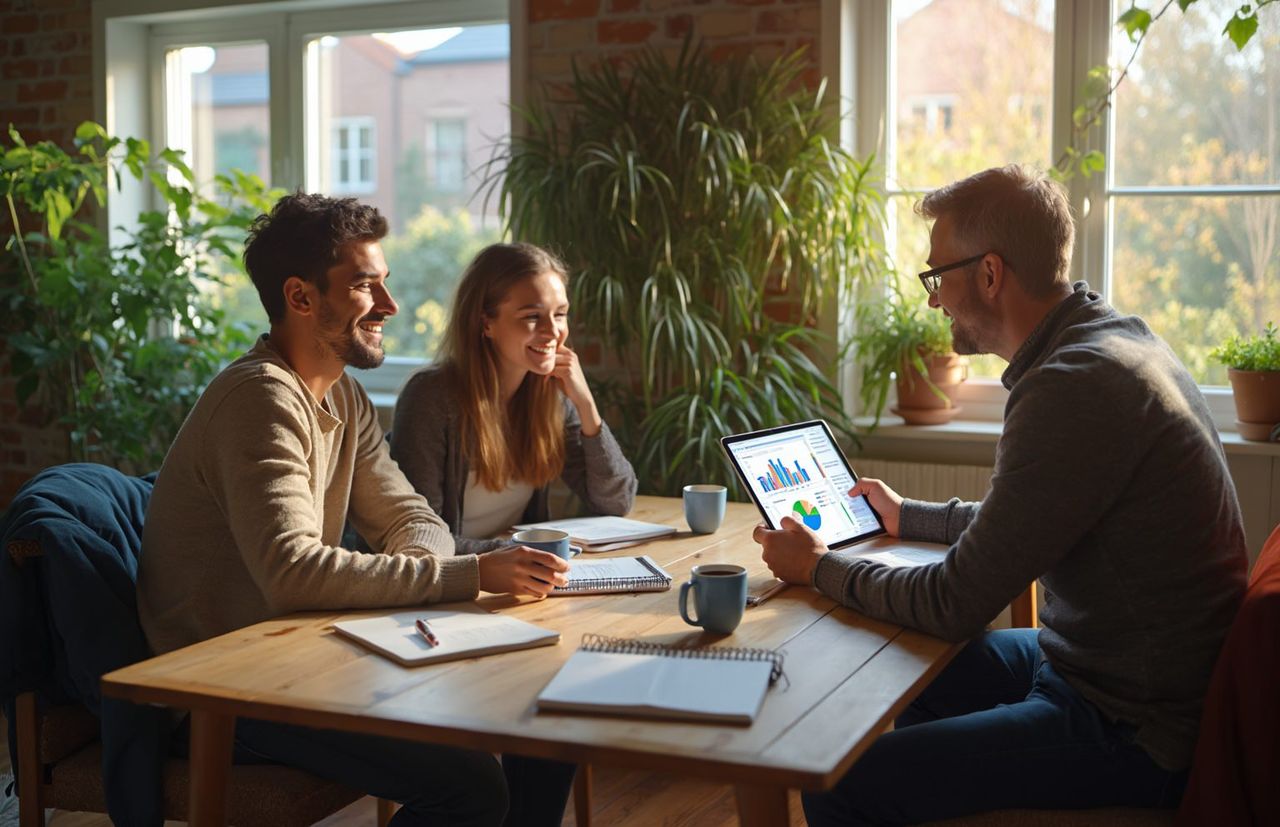 Berater der Stadtwerke Lübeck mit Paar am Esstisch und schauen gemeinsam uf Statistiken zu Wärmepumpen