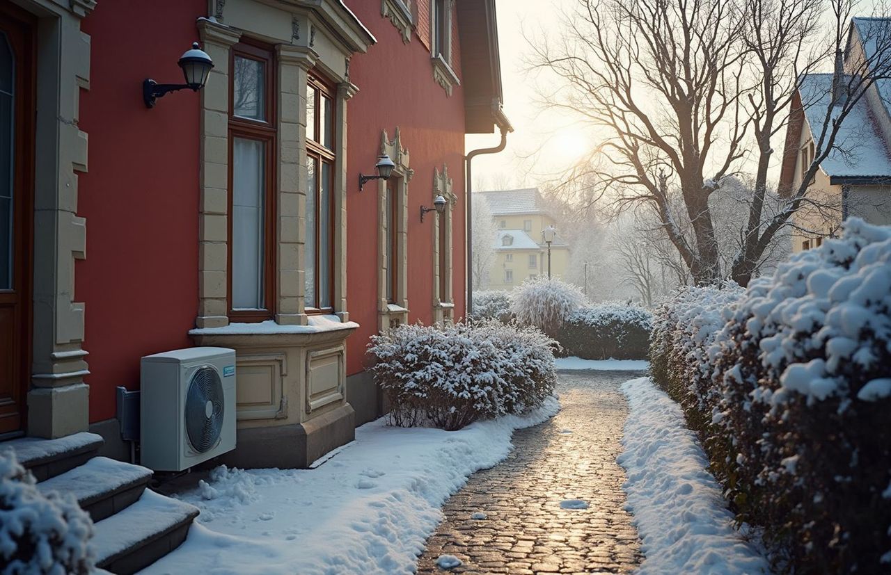 Wärmepumpe an einem Einfamilienhaus im Winter
