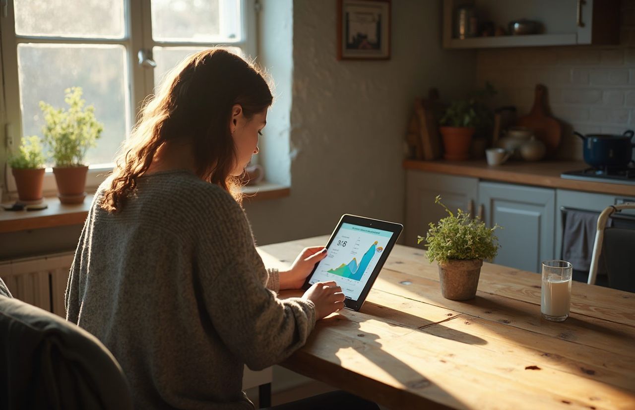 Frau am Esstich prüft den Stromverbrauch einer Wärmepumpe am Tablet