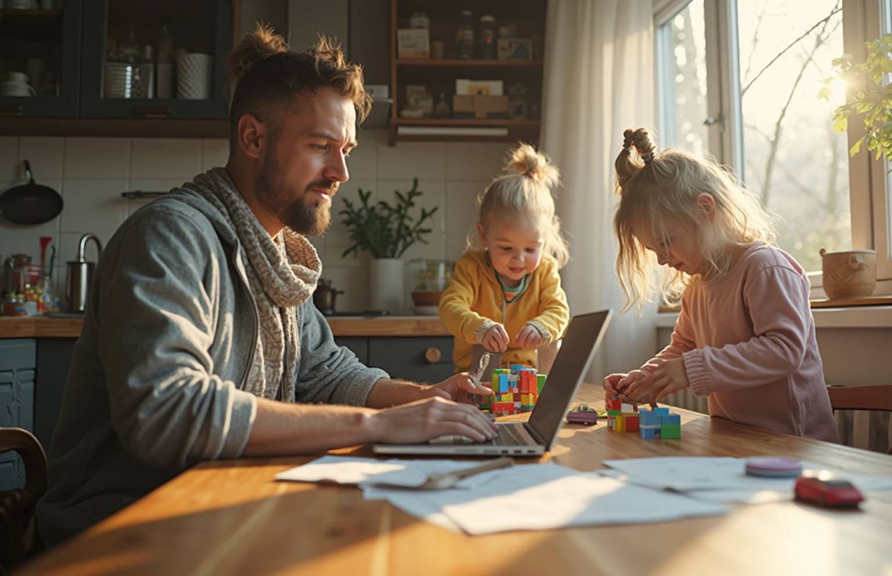 Vater mit Kindern am Esstisch, Kinder spielen, Vater am Laptop