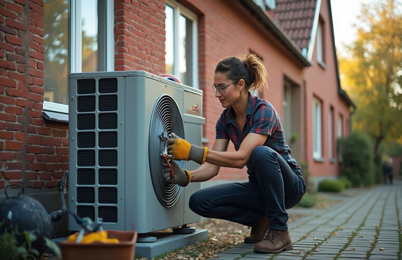 Handwerkerin repariert Wärmepumpe an einem Einfamilienhaus