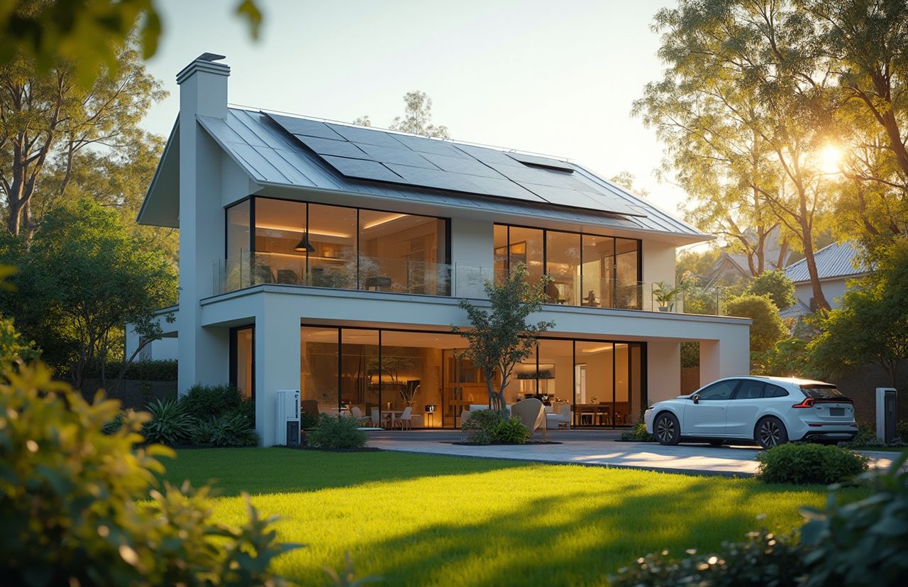 Großes Haus mit Metalldach, Glasfensterfront und einem Garten mit Auto