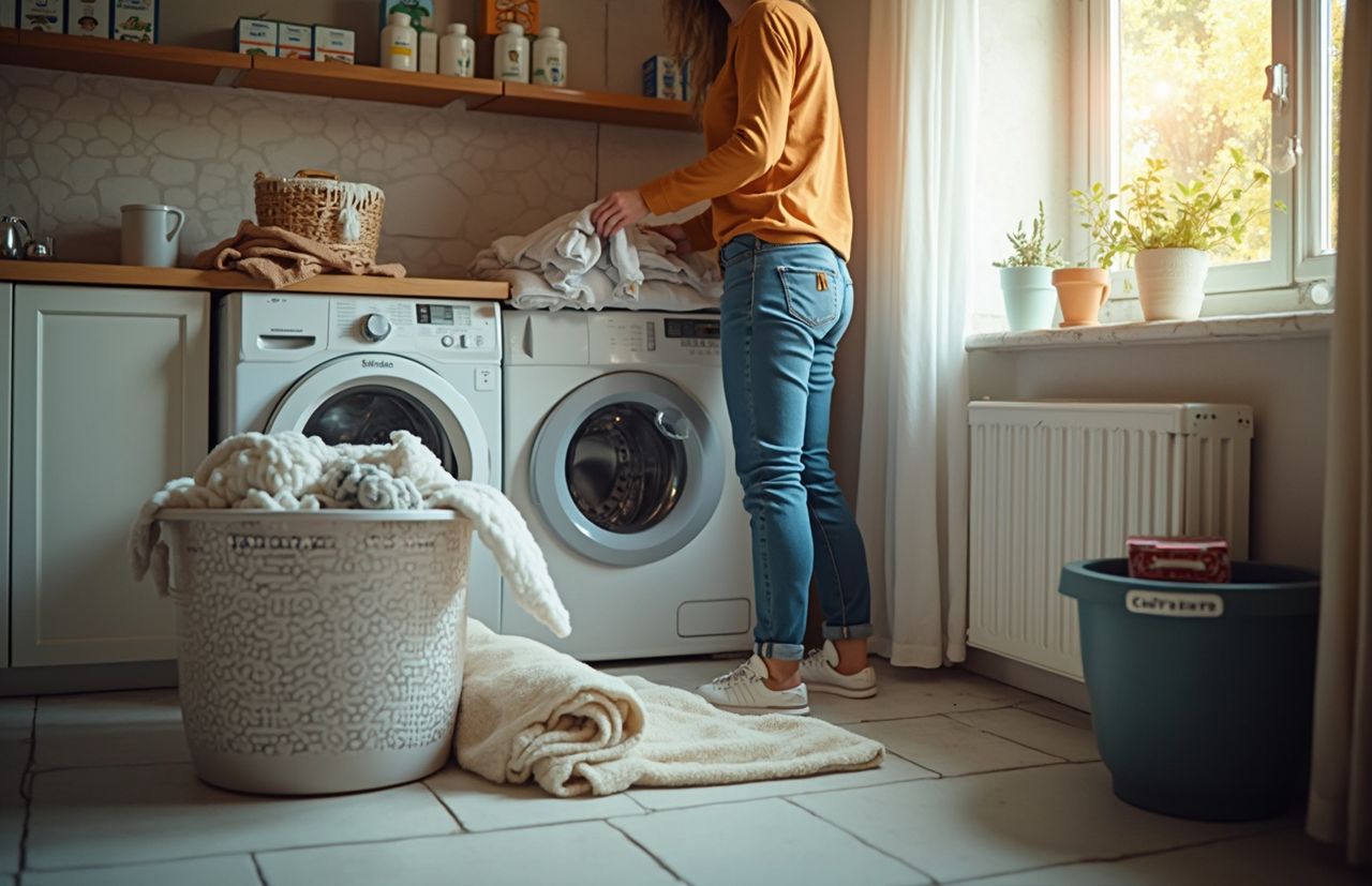 A person in a laundry room loads a washing machine. A basket of clothes and a towel are on the floor. Sunlight streams through a window with plants.