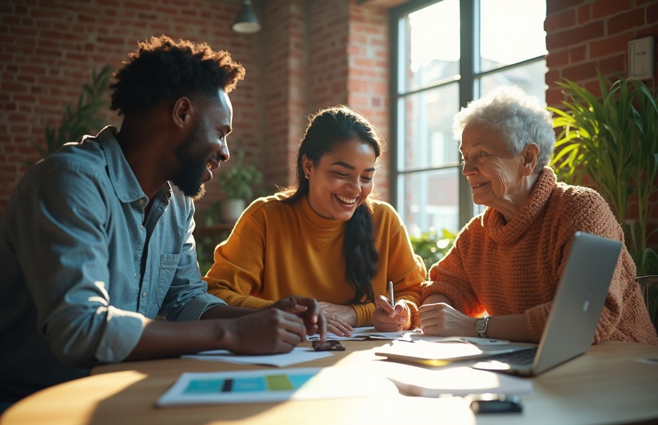 Three people of different ages sit at a table, smiling and collaborating, with papers and a laptop in a sunlit room with brick walls.