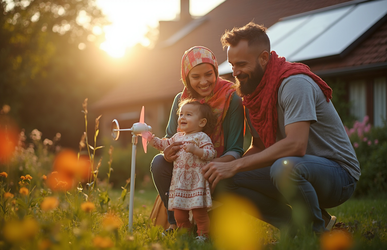 Vater und Mutter mit Kind hocken in ihrem Garten