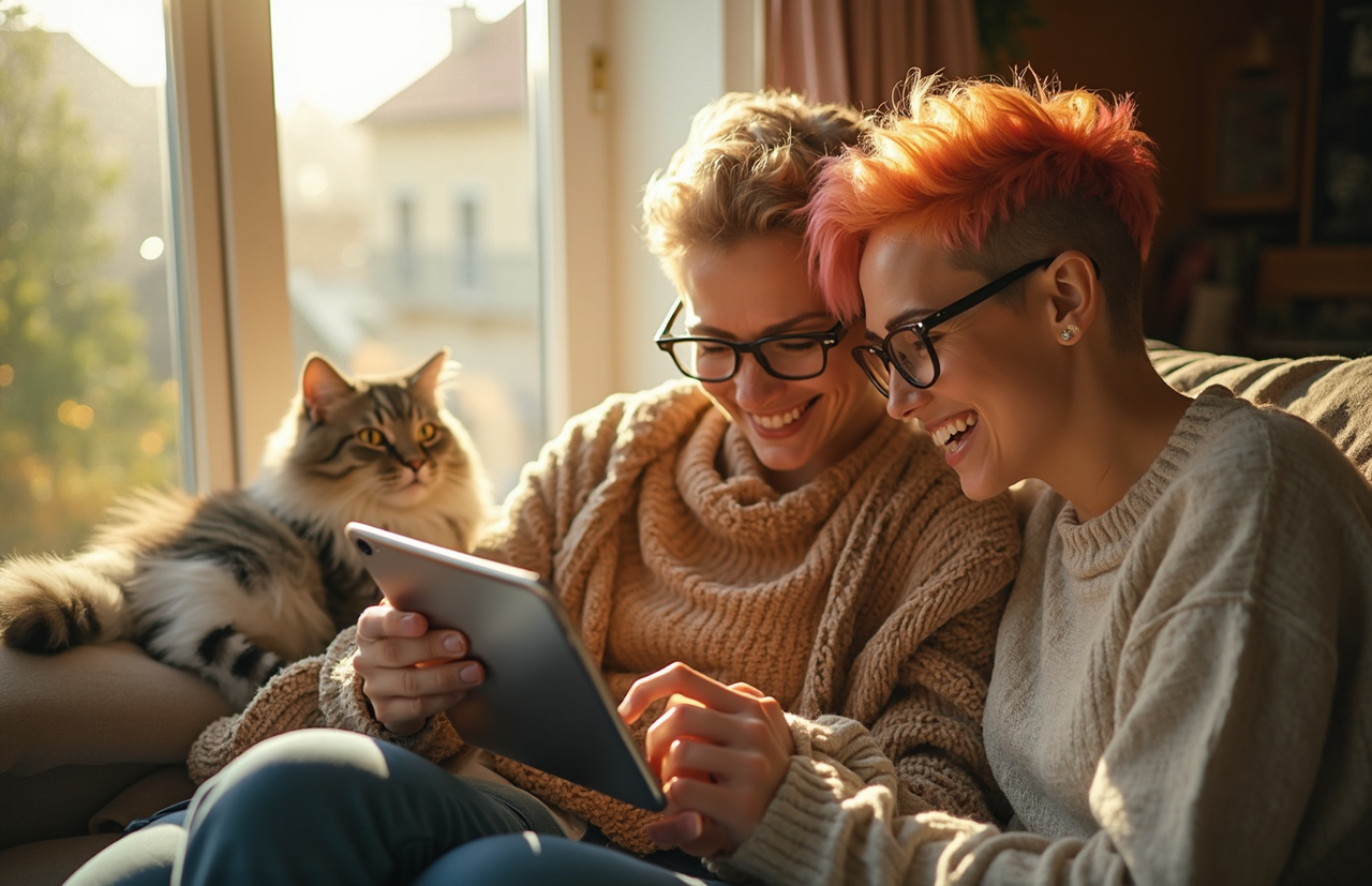 Zwei Frauen sitzen mit ihrer Katze im Wohnzimmer und schauen zusammen auf ein Tablet