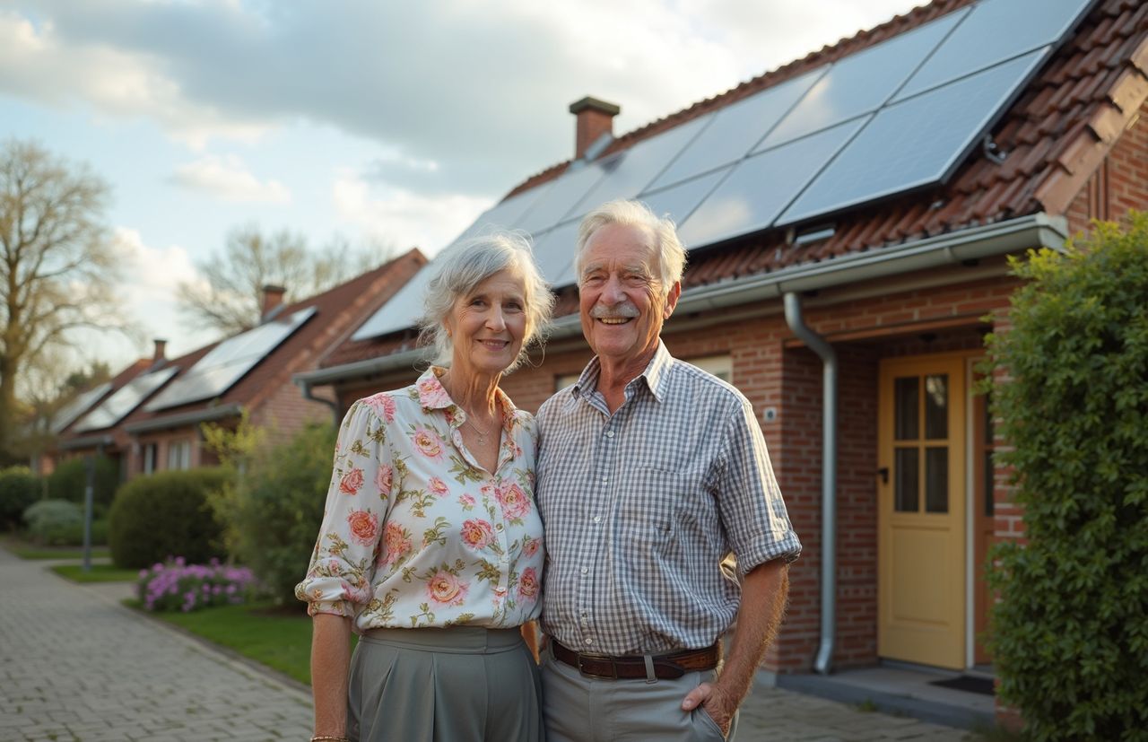 Älteres Ehepaar steht vor ihrem Haus mit Ziegeldach und PV-Anlagen