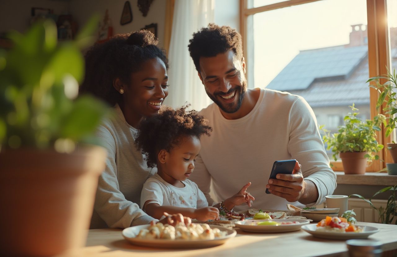 Ehepaar mit Kind sitzen am Esstisch und schauen gemeinsam aufs Handy