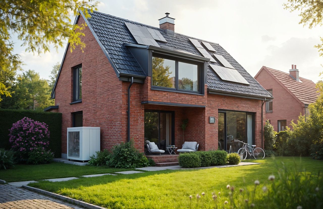 Modernes Backsteinhaus mit Solarmodulen, großen Fenstern und gepflegtem Rasen. Eine Terrasse mit Stühlen, ein Fahrrad und üppiges Grün umgeben das Haus.