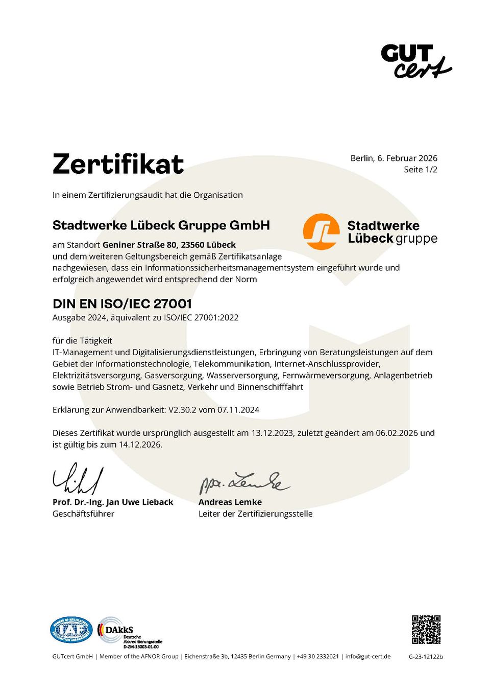 DIN EN ISO/IEC 27001: Stadtwerke Lübeck Gruppe (Seite 1)