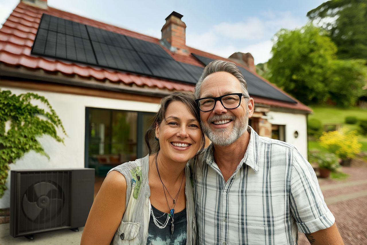 Paar steht in die Kamera lächelnd vor einem Haus mit einer Photovoltaik-Anlage auf dem Dach und einer Wärmepumpe
