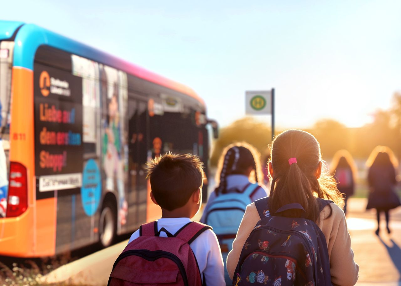Kinder laufen neben einem Bus der SWL Mobil in Richtung Haltestelle