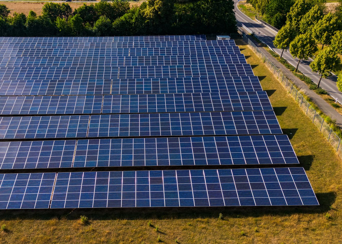 Solarfarm mit vielen Reihen von Solarmodulen