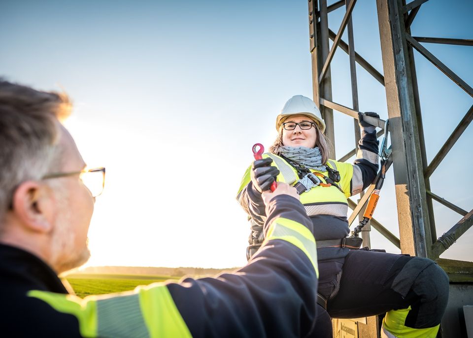 Zwei Mitarbeitende der TraveNetz bei Arbeiten an einem Mast