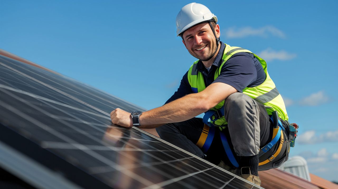 Handwerker installiert PV-Module auf einem Dach und lächelt in die Kamera