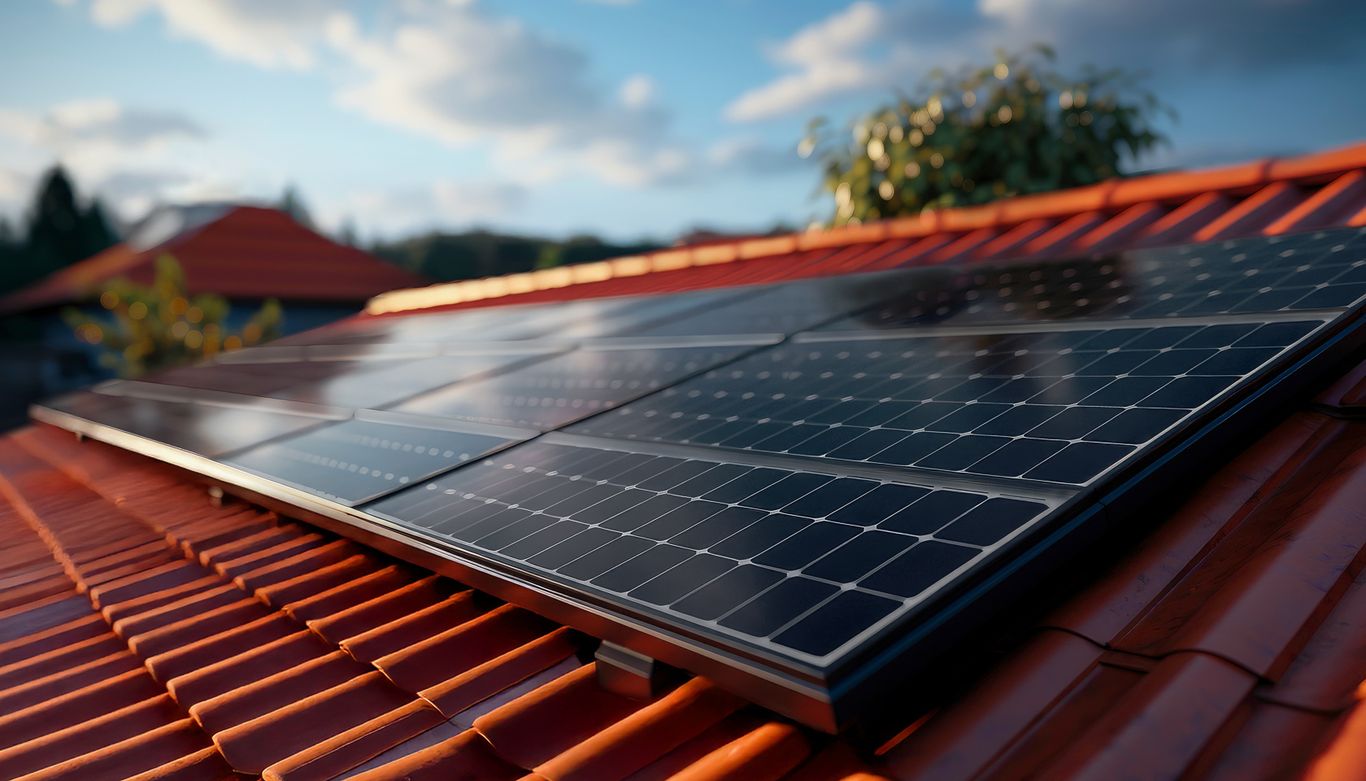 Dach mit Photovoltaik-Modulen in der Abendsonne