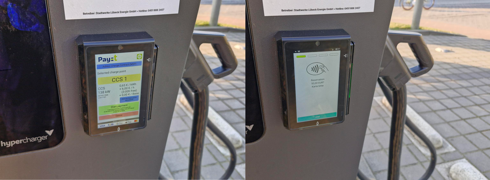 Close-up of an electric vehicle charging station screen displaying payment options and instructions, with a card reader for contactless payments.