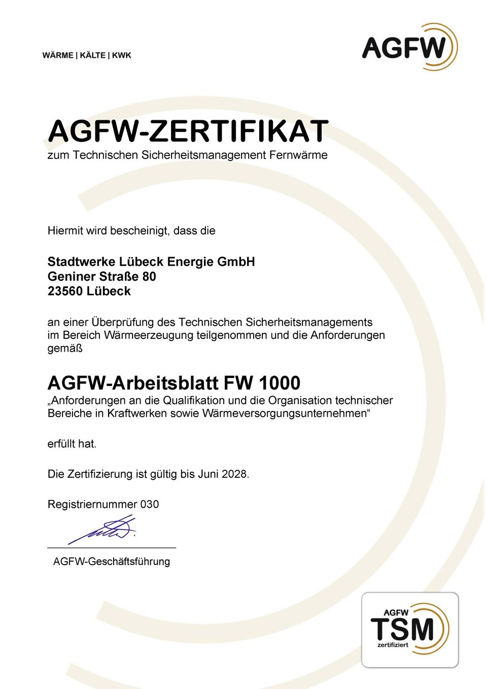 AGFW-Zertifikat SWL Energie