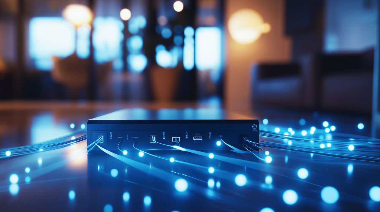 A network switch on a reflective surface with glowing blue fiber optic cables, set against a blurred office background.