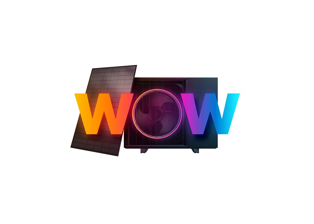 Abbildung eines PV-Panels und einer Wärmepumpe mit dem Schriftzug WOW