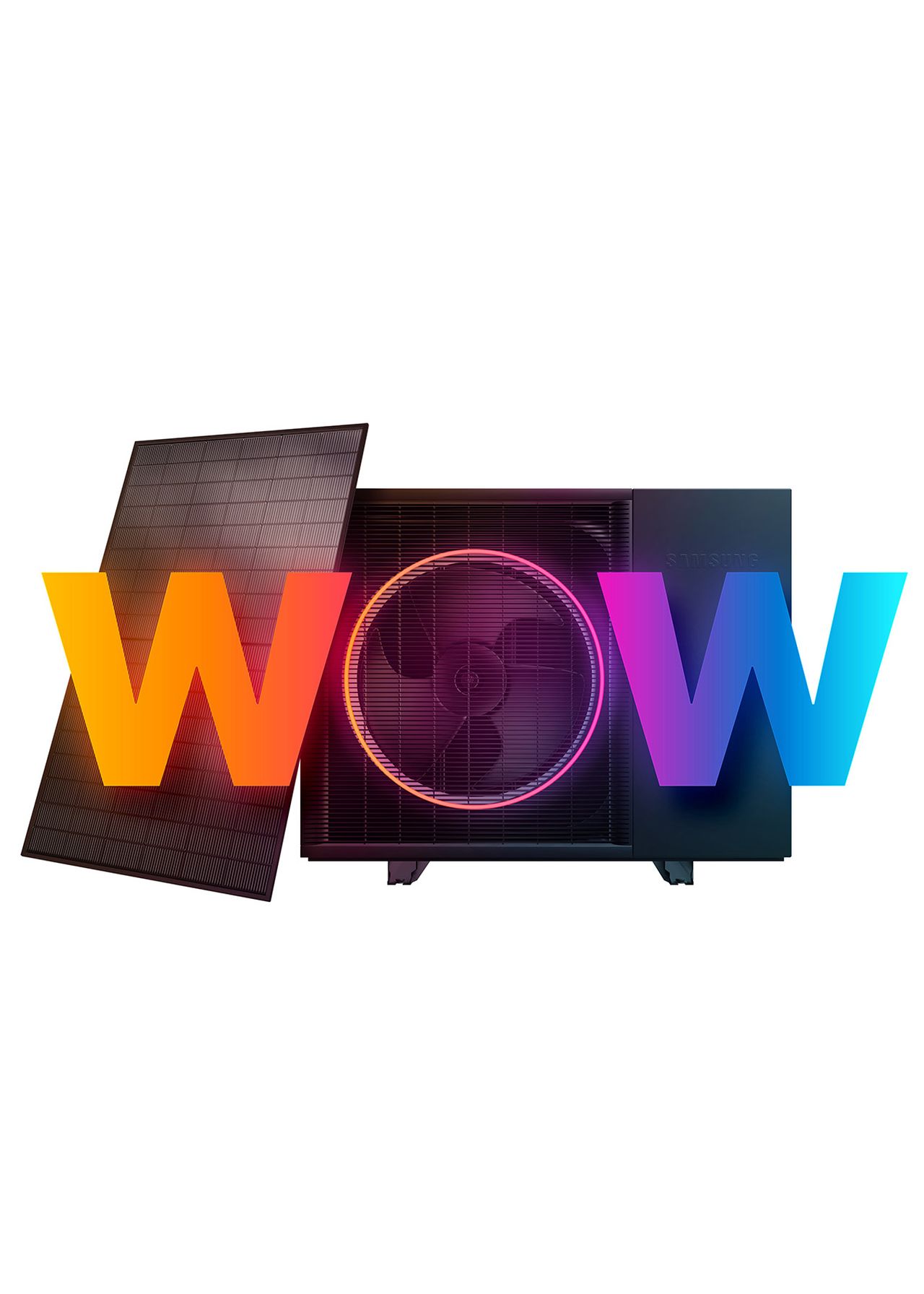 Abbildung eines PV-Panels und einer Wärmepumpe mit dem Schriftzug WOW