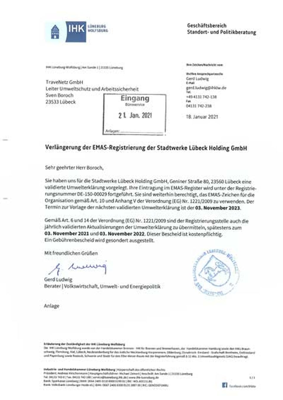 Verlängerung der EMAS-Registrierung der Stadtwerke Lübeck Holding GmbH