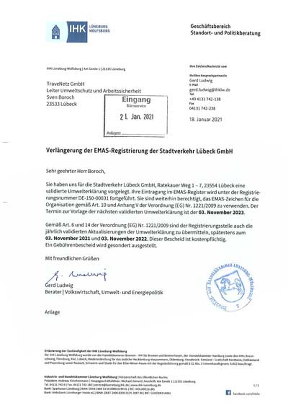 Verlängerung der EMAS-Registrierung der Stadtverkehr Lübeck GmbH