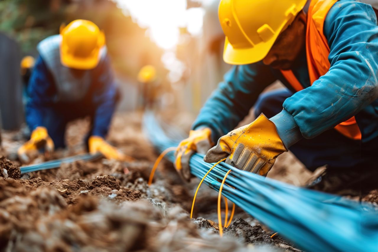 Construction workers in safety gear install cables in a trench, with sunlight illuminating the scene.