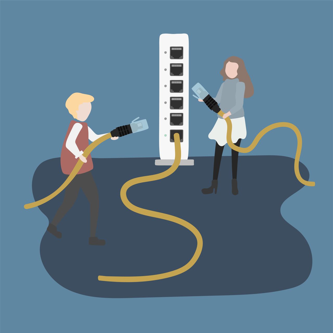 Illustration of two people plugging large cables into a vertical power strip, set against a blue background.