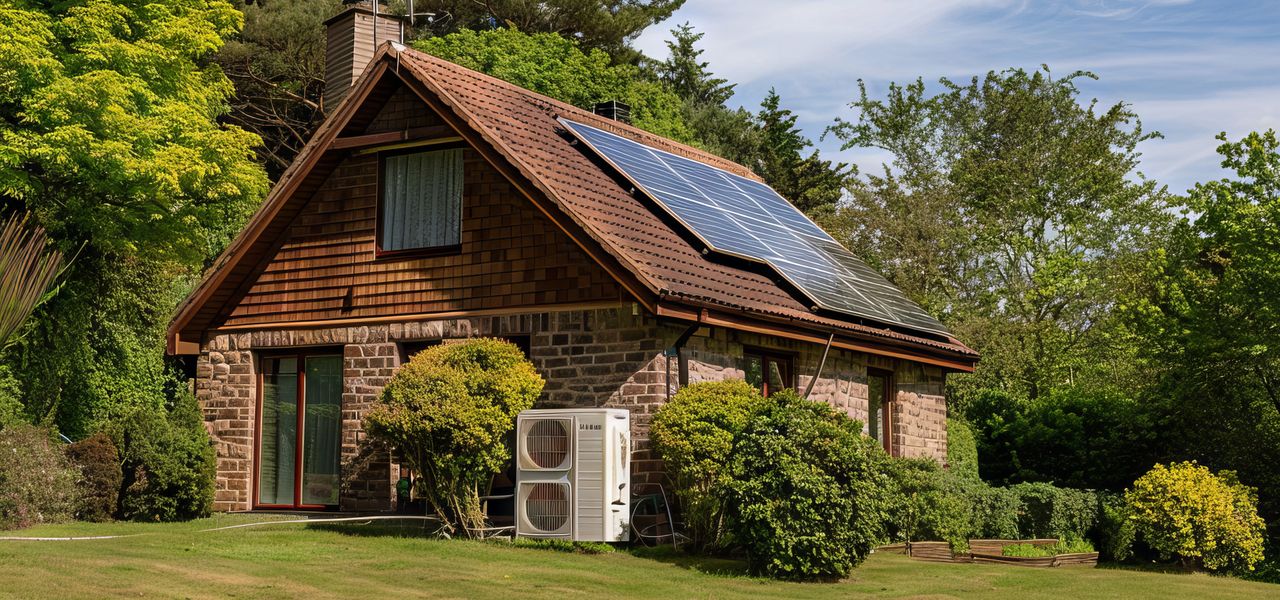 small house in the middle of a lush green forest with a heatpump in front and solar panels on its roof