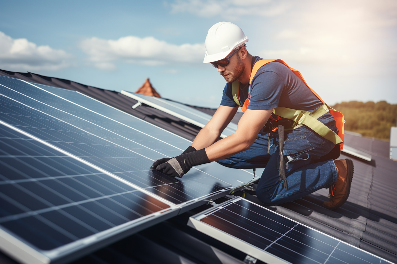 PV-Anlage wird von einem Monteur auf dem Dach montiert